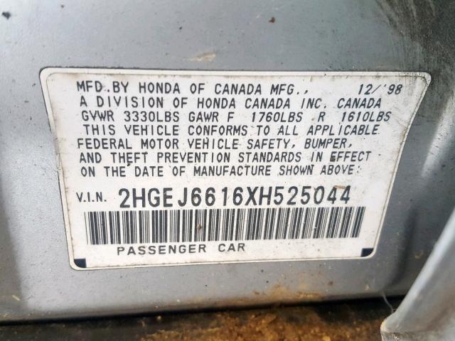 2HGEJ6616XH525044 - 1999 HONDA CIVIC BASE SILVER photo 10