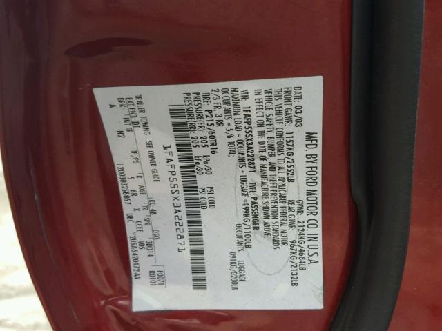 1FAFP55SX3A222871 - 2003 FORD TAURUS SES RED photo 10