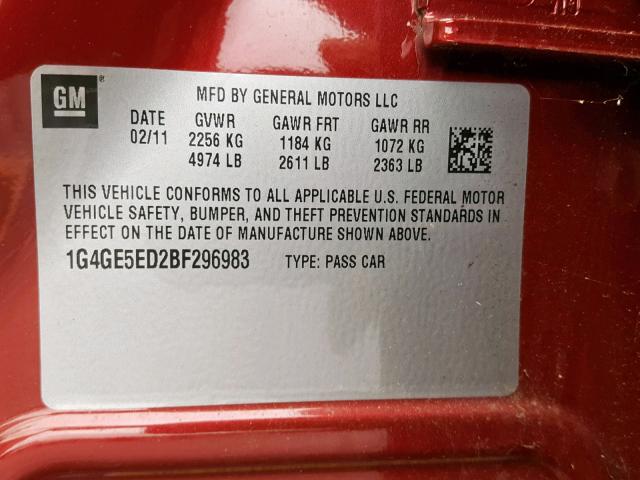 1G4GE5ED2BF296983 - 2011 BUICK LACROSSE C RED photo 10