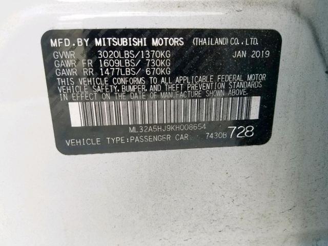 ML32A5HJ9KH008654 - 2019 MITSUBISHI MIRAGE GT WHITE photo 10