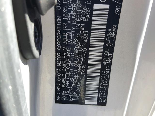 JTKDE177870164384 - 2007 TOYOTA SCION TC 银色 照片 10