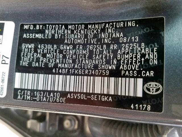 4T4BF1FK6ER340759 - 2014 TOYOTA CAMRY L CHARCOAL photo 10