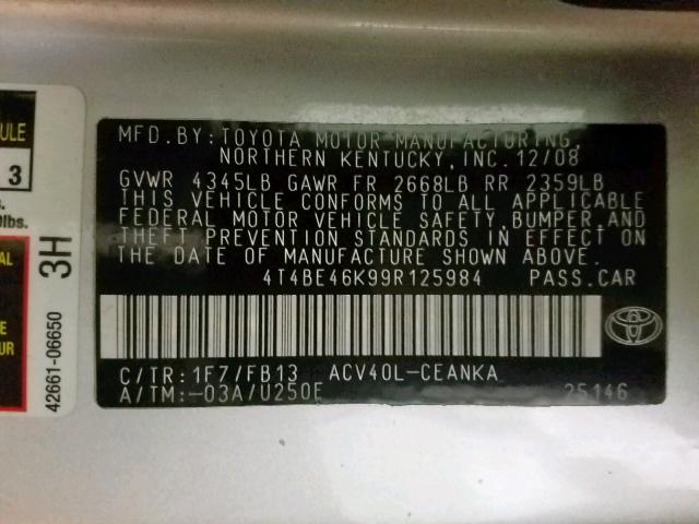 4T4BE46K99R125984 - 2009 TOYOTA CAMRY BASE SILVER photo 10