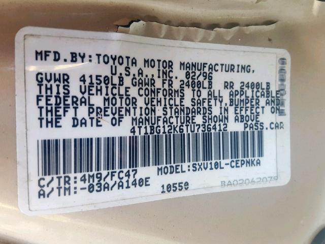 4T1BG12K6TU736412 - 1996 TOYOTA CAMRY DX BEIGE photo 10