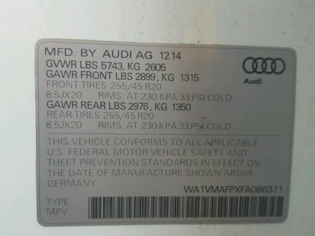 WA1VMAFPXFA086371 - 2015 AUDI Q5 TDI WHITE photo 10