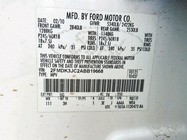 2FMDK3JC2ABB19668 - 2010 FORD EDGE SEL WHITE photo 10