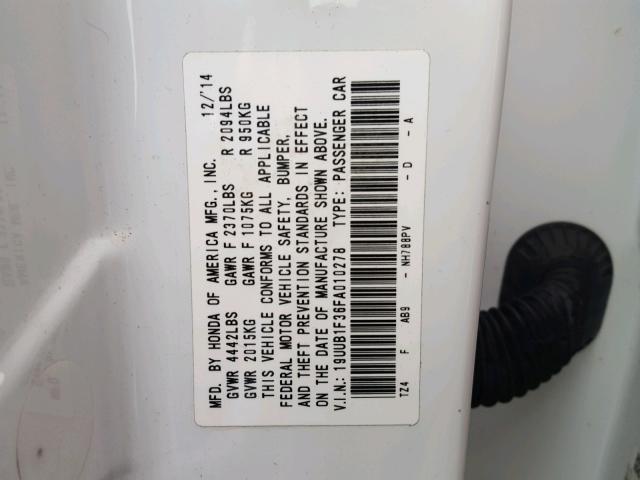 19UUB1F36FA010278 - 2015 ACURA TLX WHITE photo 10