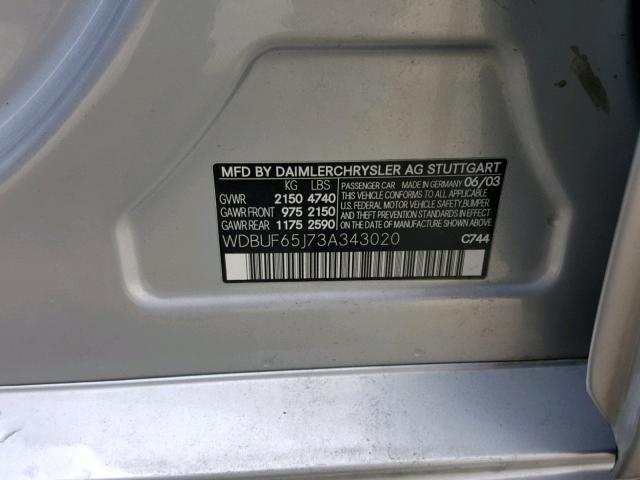 WDBUF65J73A343020 - 2003 MERCEDES-BENZ E 320 SILVER photo 10