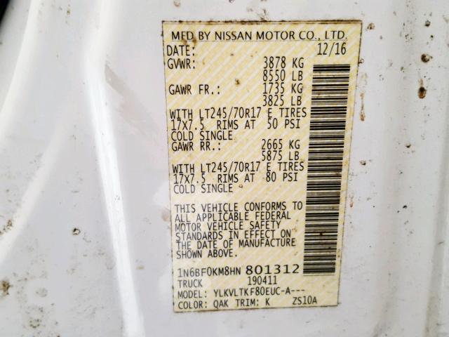 1N6BF0KM8HN801312 - 2017 NISSAN NV 1500 S WHITE photo 10