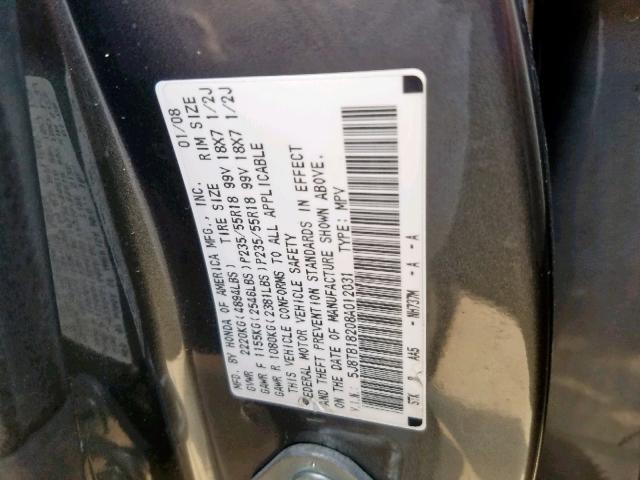 5J8TB18208A012031 - 2008 ACURA RDX SILVER photo 10