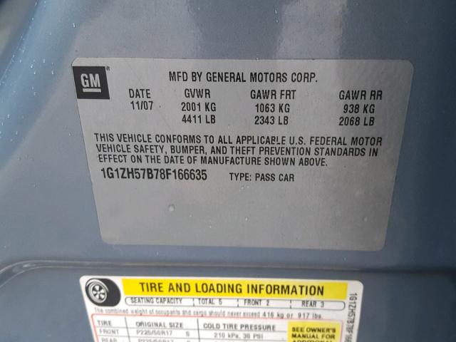 1G1ZH57B78F166635 - 2008 CHEVROLET MALIBU 1LT BLUE photo 10