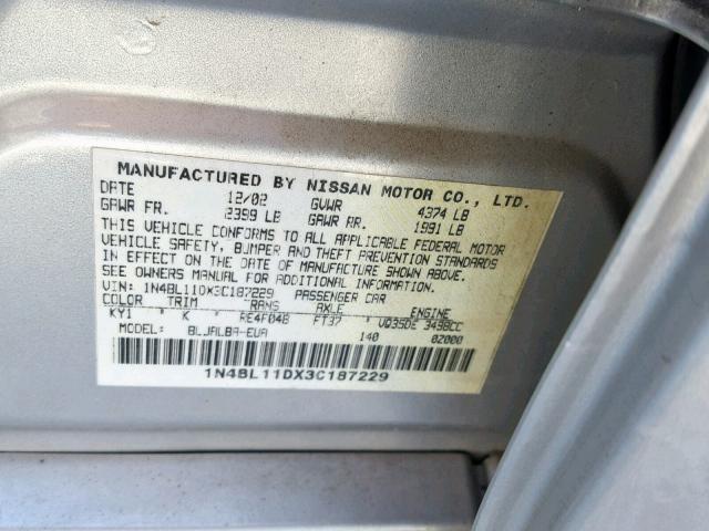 1N4BL11DX3C187229 - 2003 NISSAN ALTIMA SE SILVER photo 10