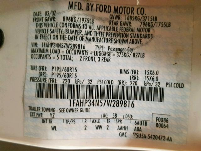 1FAHP34N57W289816 - 2007 FORD FOCUS ZX4 WHITE photo 10