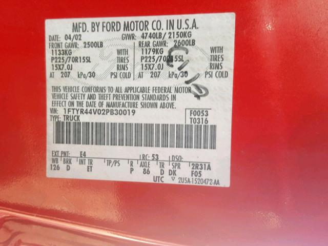 1FTYR44V02PB30019 - 2002 FORD RANGER SUP RED photo 10