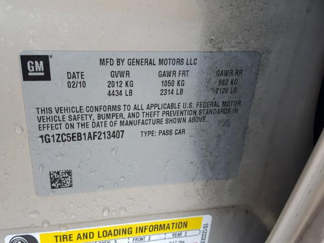 1G1ZC5EB1AF213407 - 2010 CHEVROLET MALIBU 1LT BEIGE photo 10