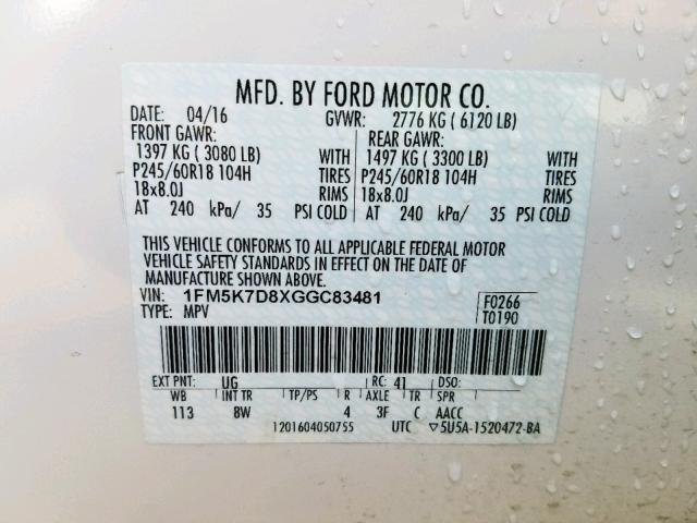 1FM5K7D8XGGC83481 - 2016 FORD EXPLORER X WHITE photo 10