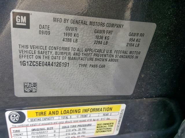 1G1ZC5E04A4126191 - 2010 CHEVROLET MALIBU 1LT GRAY photo 10