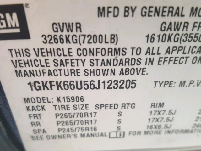 1GKFK66U56J123205 - 2006 GMC YUKON XL D BLACK photo 10