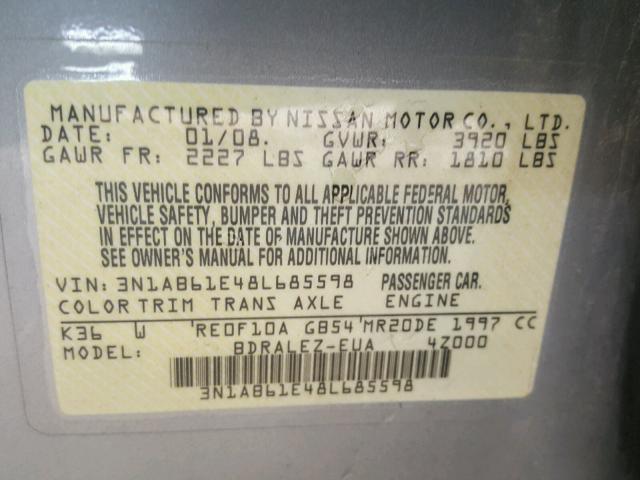 3N1AB61E48L685598 - 2008 NISSAN SENTRA 2.0 GRAY photo 10