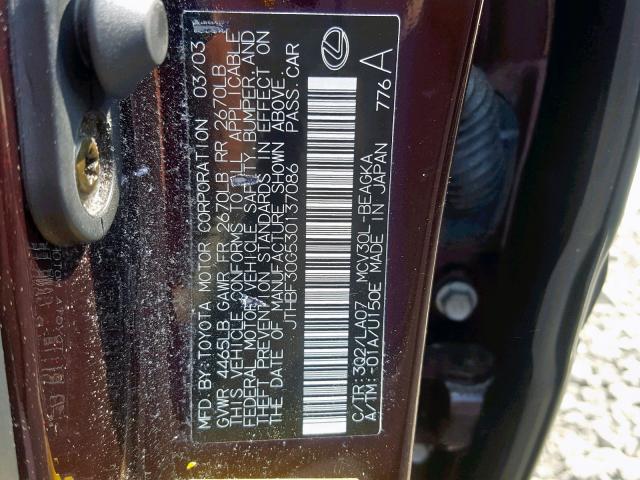 JTHBF30G530137086 - 2003 LEXUS ES 300 BURGUNDY photo 10