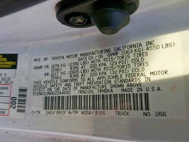 5TENX22N06Z244682 - 2006 TOYOTA TACOMA WHITE photo 10