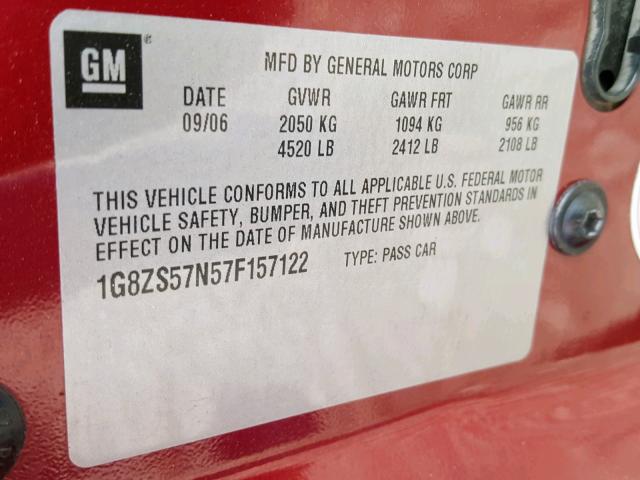 1G8ZS57N57F157122 - 2007 SATURN AURA XE BURGUNDY photo 10