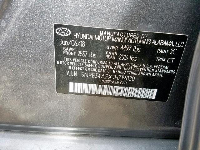 5NPE34AFXJH719820 - 2018 HYUNDAI SONATA SPO GRAY photo 10