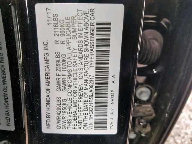 1HGCV1F56JA052317 - 2018 HONDA ACCORD EXL BLACK photo 10