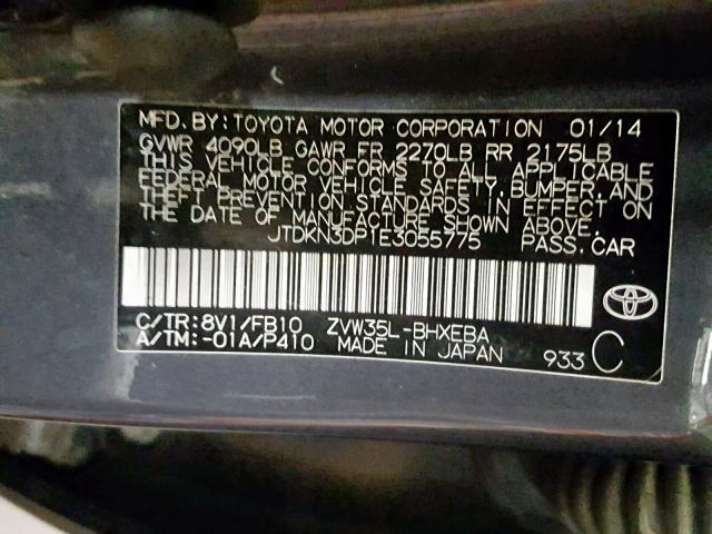 JTDKN3DP1E3055775 - 2014 TOYOTA PRIUS PLUG GRAY photo 10