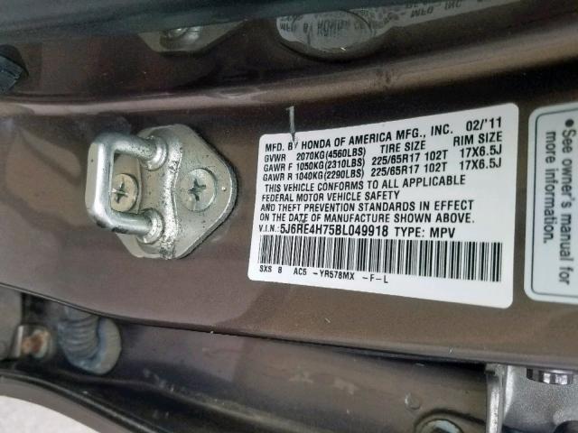 5J6RE4H75BL049918 - 2011 HONDA CR-V EXL BROWN photo 10