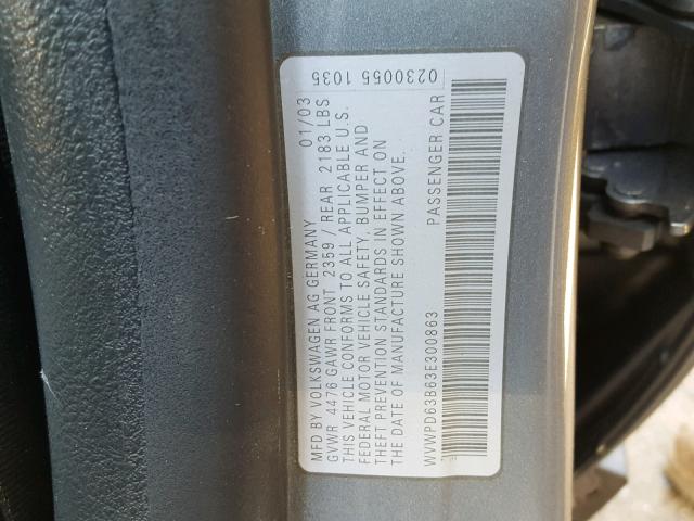 WVWPD63B63E300863 - 2003 VOLKSWAGEN PASSAT GLS SILVER photo 10