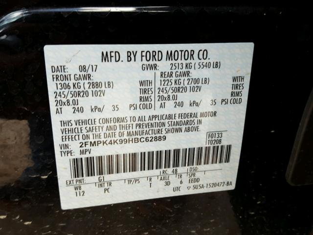 2FMPK4K99HBC62889 - 2017 FORD EDGE TITAN BLACK photo 10