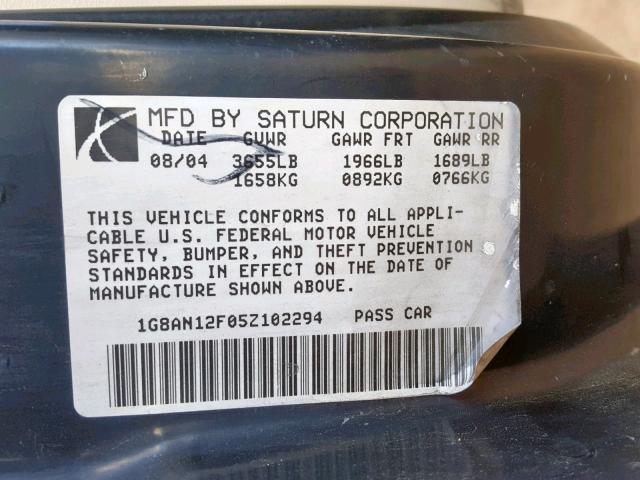 1G8AN12F05Z102294 - 2005 SATURN ION LEVEL BLACK photo 10