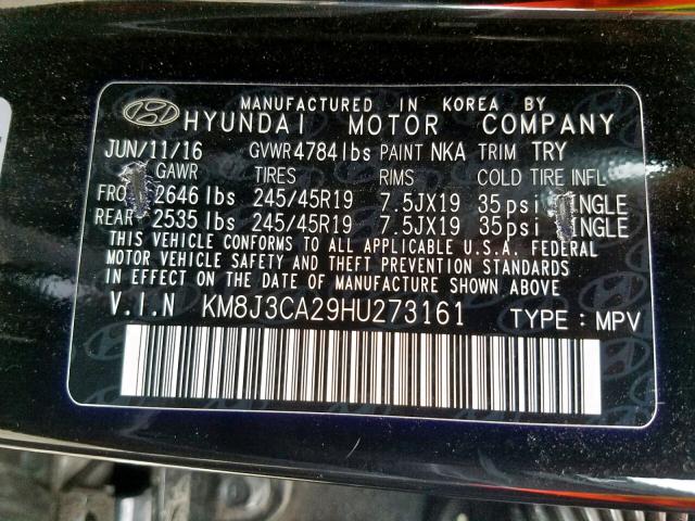 KM8J3CA29HU273161 - 2017 HYUNDAI TUCSON LIM BLACK photo 10