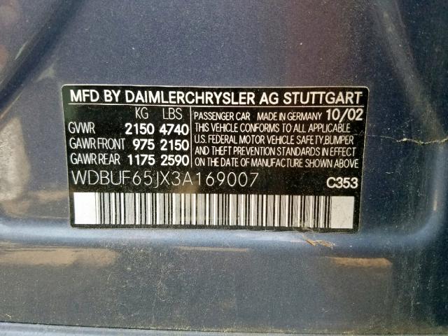 WDBUF65JX3A169007 - 2003 MERCEDES-BENZ E 320 BLUE photo 10