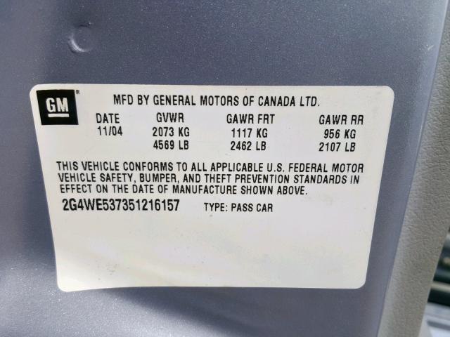 2G4WE537351216157 - 2005 BUICK LACROSSE C BLUE photo 10