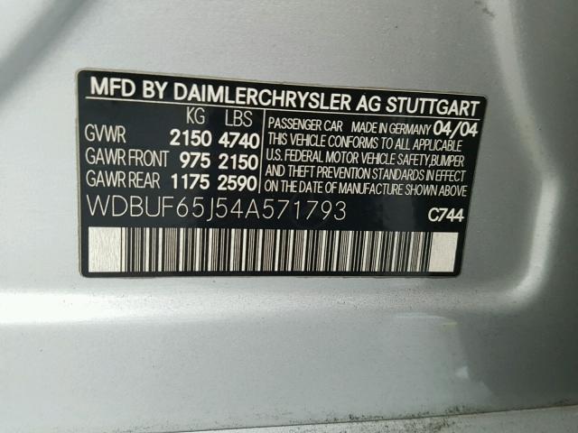 WDBUF65J54A571793 - 2004 MERCEDES-BENZ E 320 SILVER photo 10