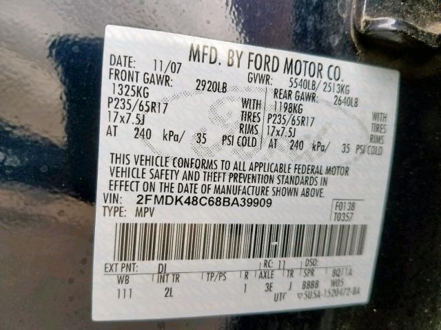 2FMDK48C68BA39909 - 2008 FORD EDGE SEL BLACK photo 10