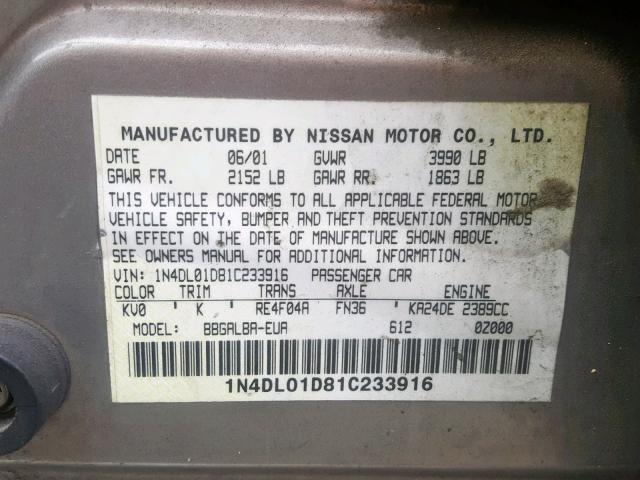 1N4DL01D81C233916 - 2001 NISSAN ALTIMA XE SILVER photo 10