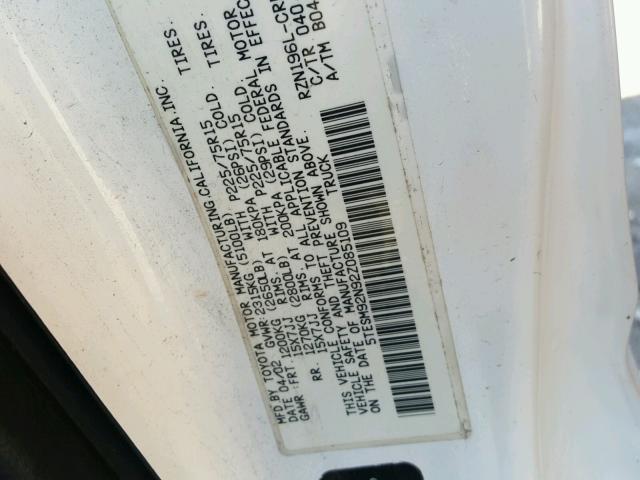 5TESM92N92Z085109 - 2002 TOYOTA TACOMA XTR თეთრი ფოტო 10