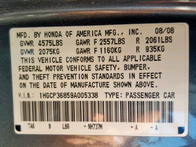 1HGCP36859A005338 - 2009 HONDA ACCORD EXL GRAY photo 10