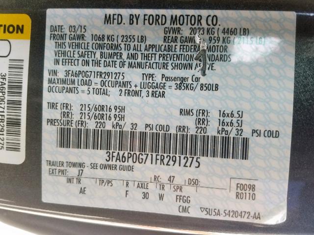 3FA6P0G71FR291275 - 2015 FORD FUSION S GRAY photo 10