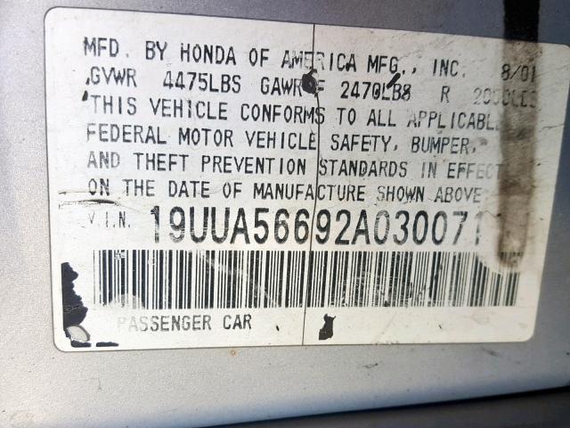 19UUA56692A030071 - 2002 ACURA 3.2TL GRAY photo 10