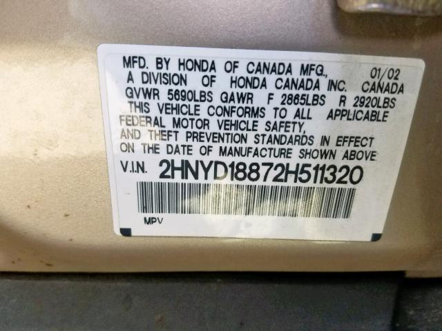 2HNYD18872H511320 - 2002 ACURA MDX TOURIN BEIGE photo 10