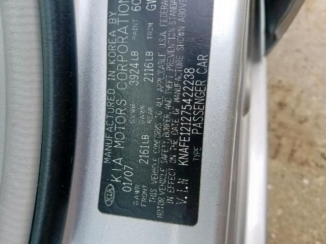 KNAFE121275422238 - 2007 KIA SPECTRA EX SILVER photo 10