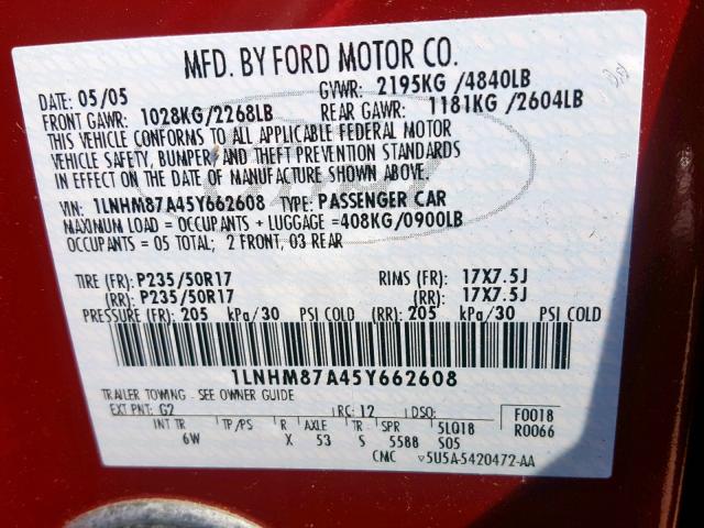 1LNHM87A45Y662608 - 2005 LINCOLN LS 红色 照片 10