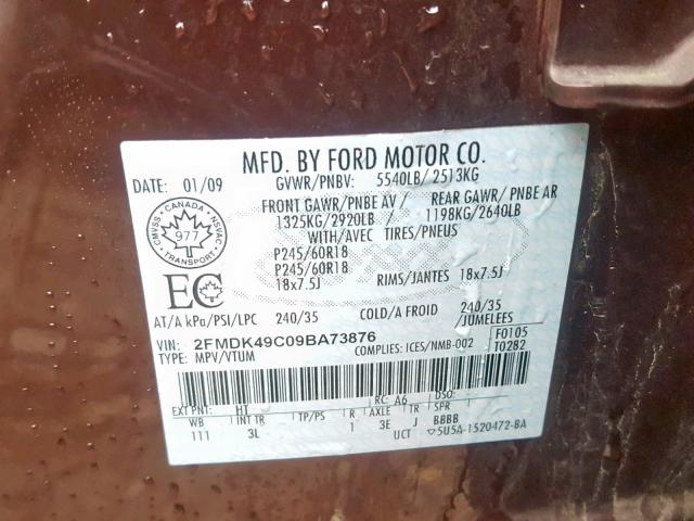 2FMDK49C09BA73876 - 2009 FORD EDGE LIMIT BURGUNDY photo 10