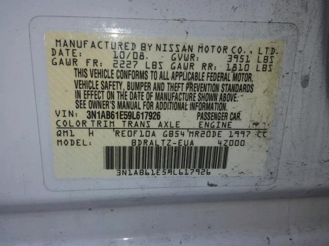 3N1AB61E59L617926 - 2009 NISSAN SENTRA 2.0 WHITE photo 10