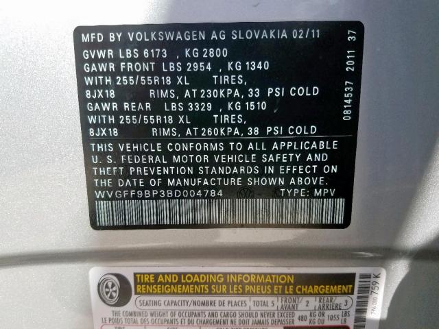 WVGFF9BP3BD004784 - 2011 VOLKSWAGEN TOUAREG V6 SILVER photo 10