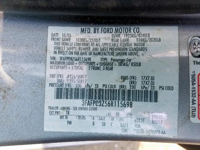 3FAFP08Z56R115698 - 2006 FORD FUSION SEL SILVER photo 10